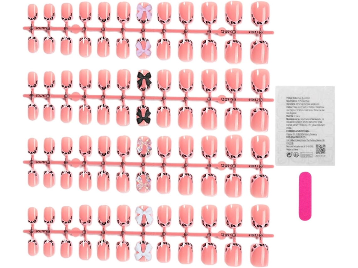 Kit de manicure com 96 unhas quadradas decorativas rosa.