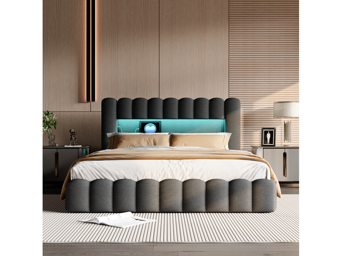 Cama King Size 180x200 Com Armazenamento Hidráulico - Cama De Casal Com Iluminação Rgb, Carregamento Usb E Cabeceira Prática Em Preto