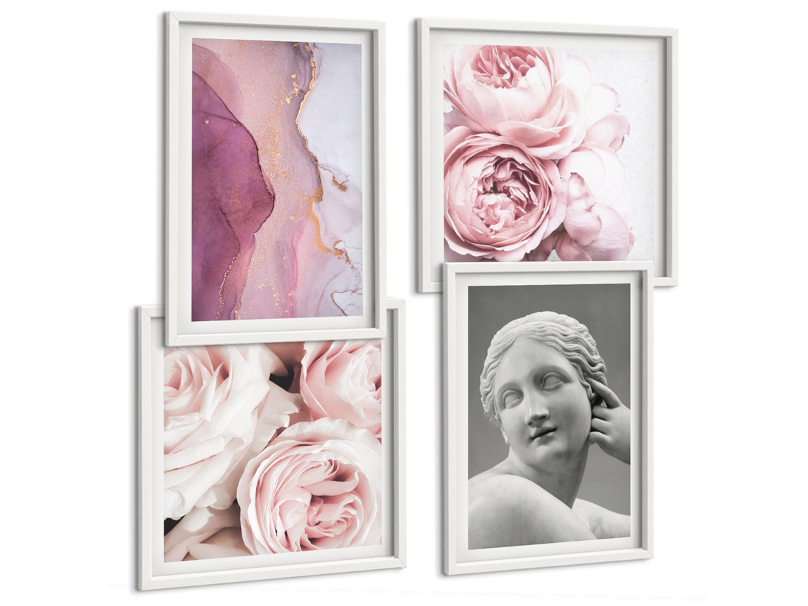 Pinturas Murais Modernas Peônias, Escultura De Uma Mulher, Abstrato Moldura Branca Imagens Para Um Quarto Infantil Espelharte (conjunto De 4 Imagens)
