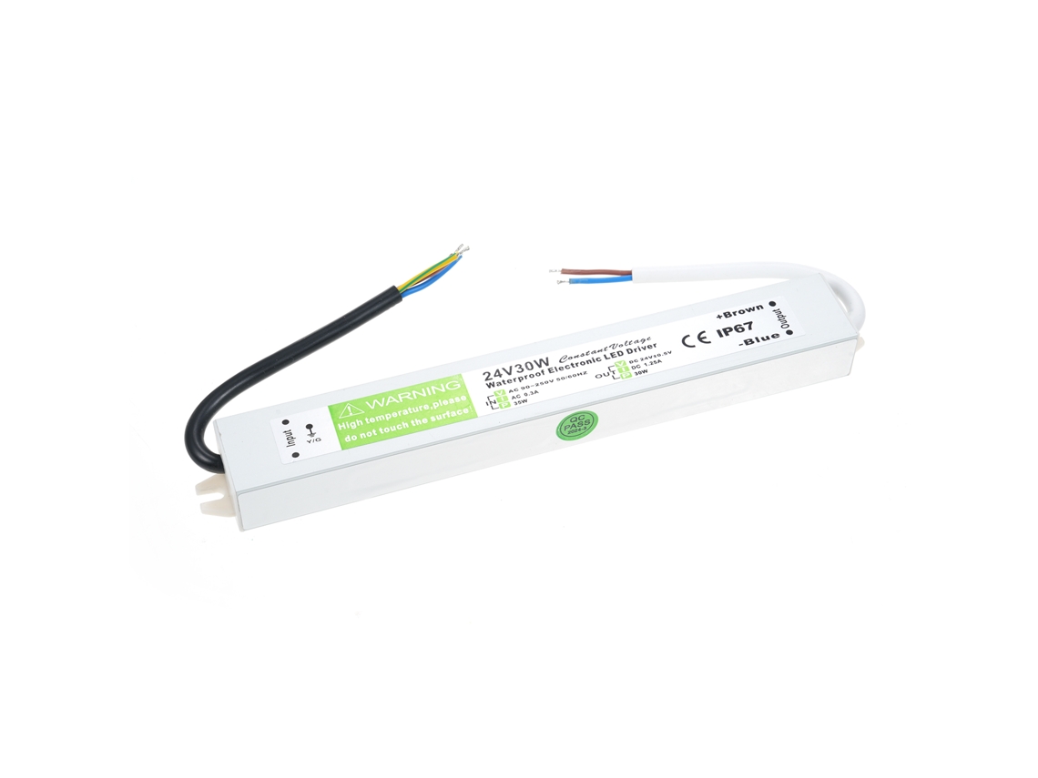 Fonte de alimentação LED à prova d'água IP67 2026, conversor AC 90-250V para DC 24V 30W para fitas de LED externas.