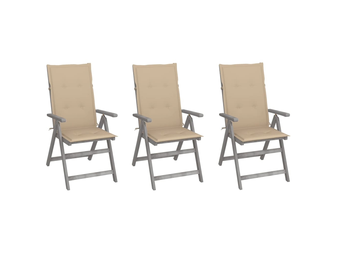 Vidaxl Cadeiras Jardim Reclináveis C/ Almofadões 3 Pcs Acácia Maciça