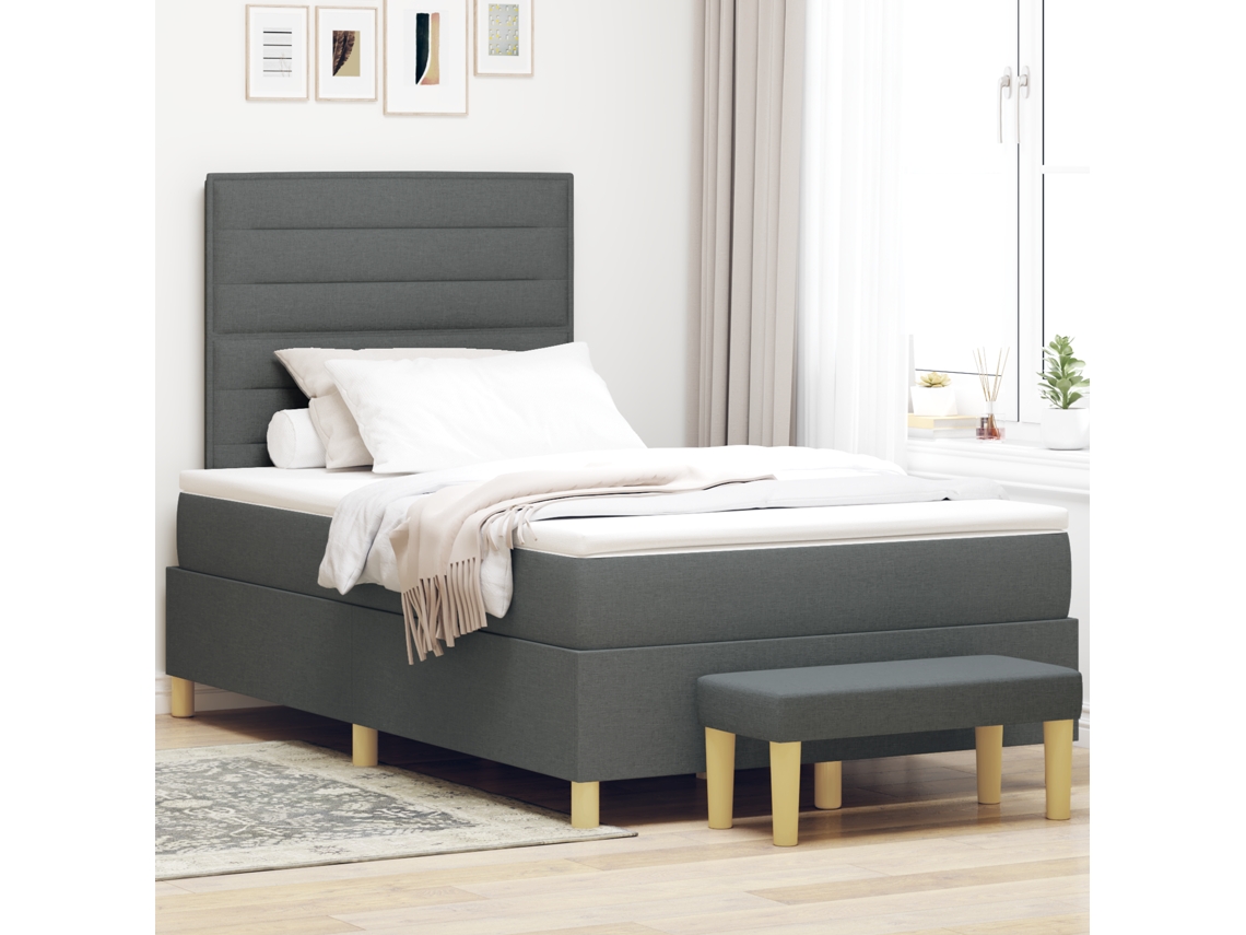 Cama Com Molas Com Colchão E Banco Cinza Escuro 120x190 Cm Tecido