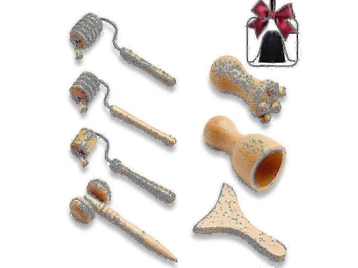 Conjunto de 7 Peças Massageadores Faciais Gua Sha com Ferramentas Madeira para Terapia Meridiana, Rolo Massa Gem Facial Lifting e Ra GOKOCO
