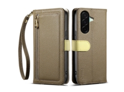 Capa Tkdaddy Eseble E11 Para Samsung Galaxy A26 5g Com Zíper E Bolso, Capa De Couro Com Textura De Lichia, Espelho E Alça De Pulso, Marrom