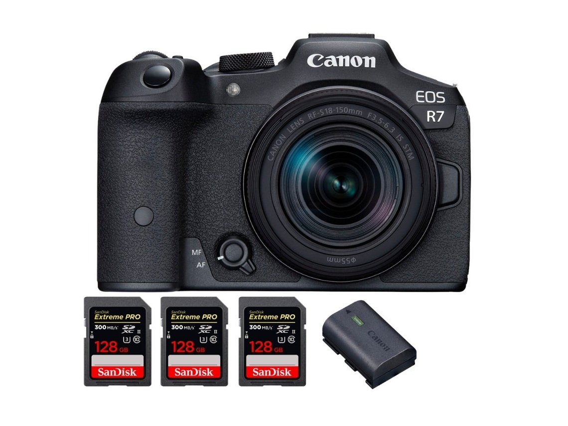 Eos R7 + Rf S 18 150mm Stm + 3 Sandisk 128gb Uhs ii 300mb/s + 1 Canon Lp e6nh Máquina Fotográfica Híbrida + Ebook Pricedirect CANON