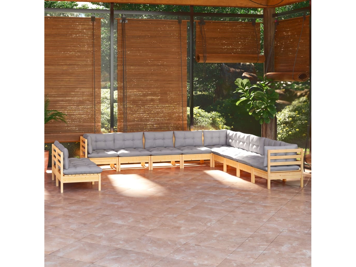 Vidaxl 11pcs Conjunto Lounge De Jardim + Almofadões Cinza Pinho Maciço