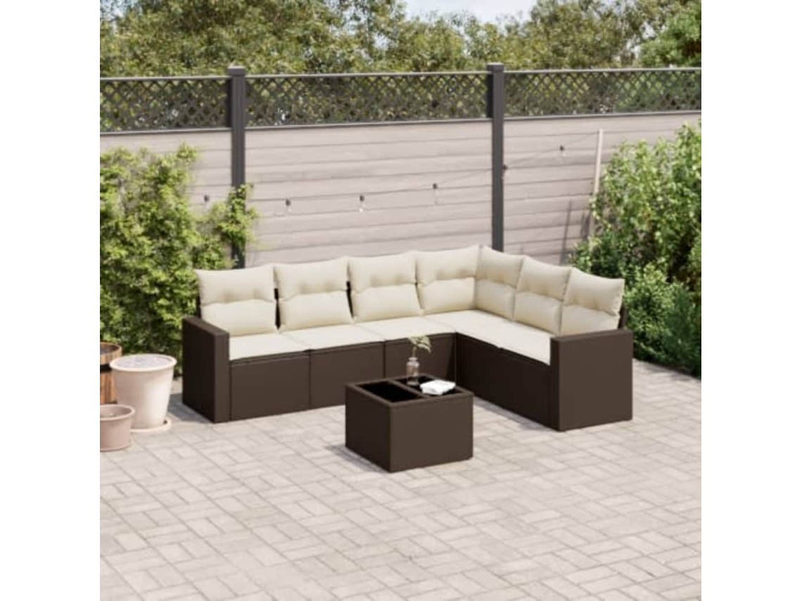 Vidaxl 7 Pcs Conjunto De Sofás Jardim C/ Almofadões Vime Pe Castanho