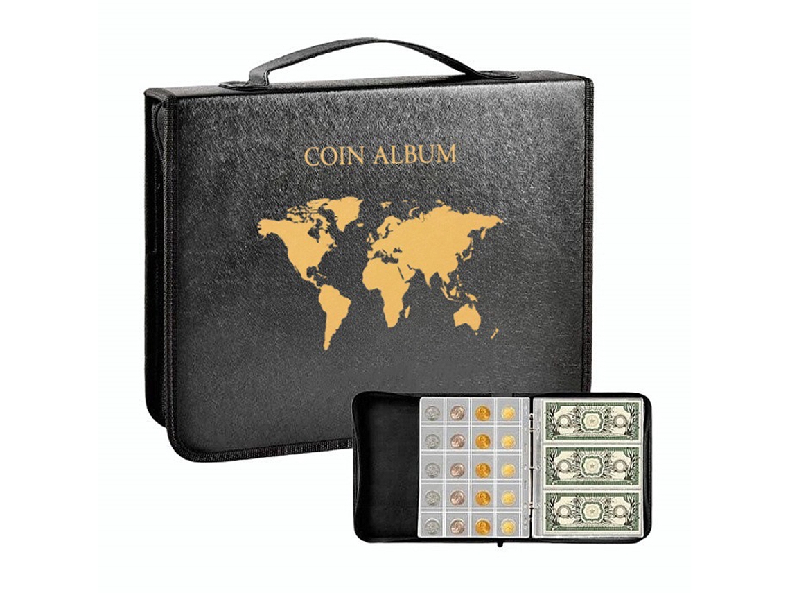 Álbum para Coleção de Moedas com 200 Bolsos e 30 Compartimentos para Moedas e Notas, Resistente à Água e Poeira.