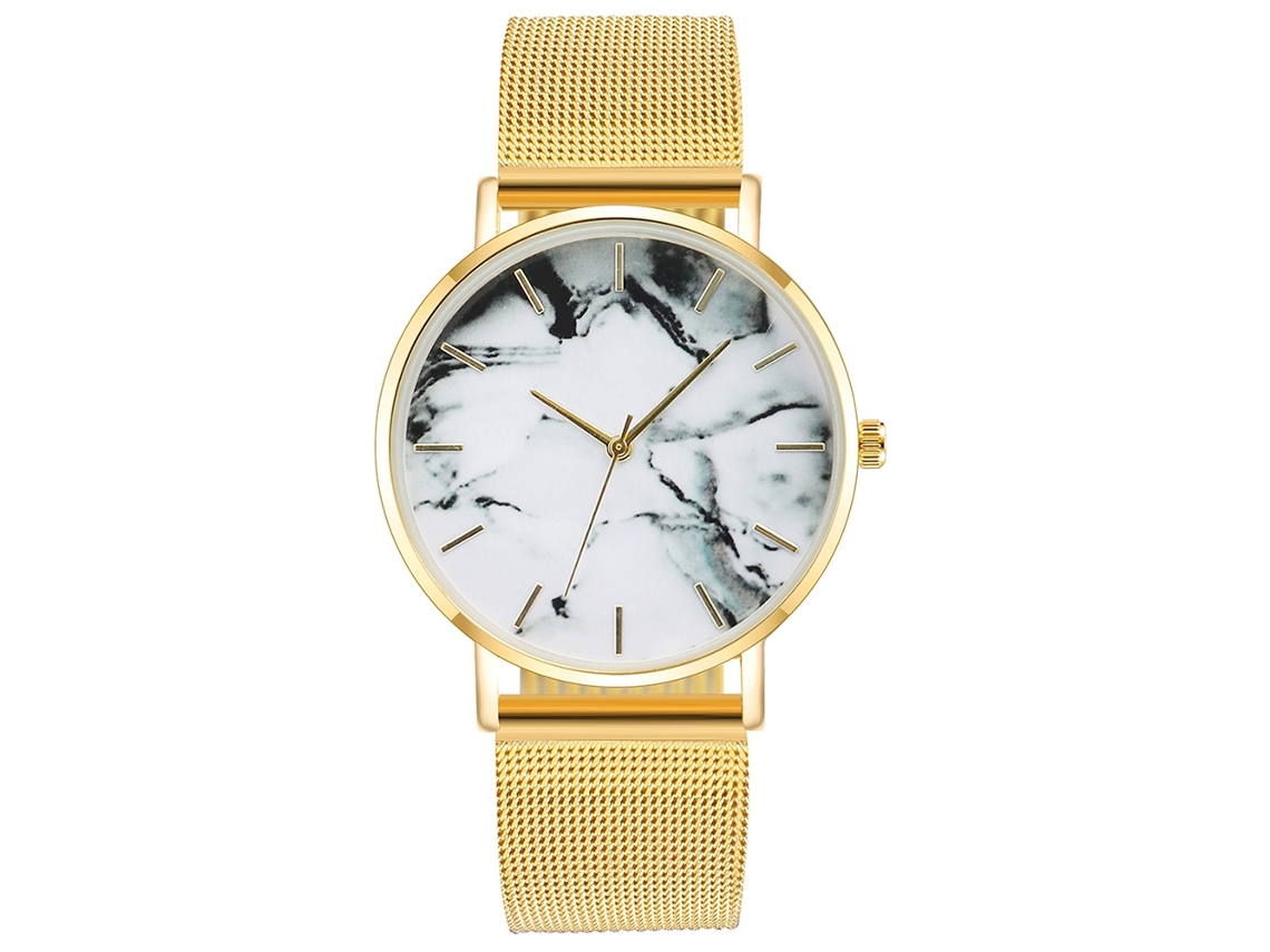 Reloj De Pulsera Casual Para Mujer Y Hombre Con Correa De Malla Dial Redondo Patrón Marmol Quartzo Oro