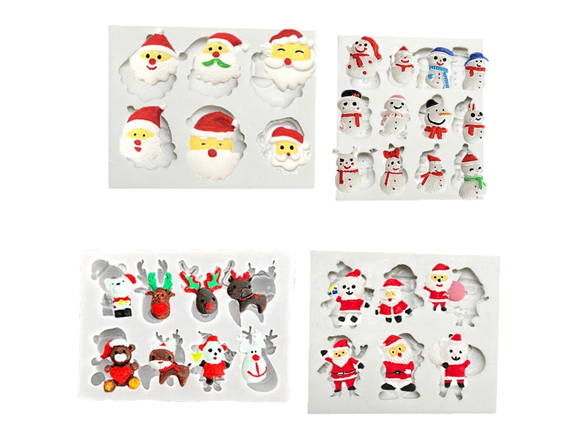 Conjunto De 4 Moldes De Silicone Para Decoração De Bolos, Chocolates E Fondant Com Tema Natalino, Incluindo Papai Noel, Alces E Bonecos De Neve.