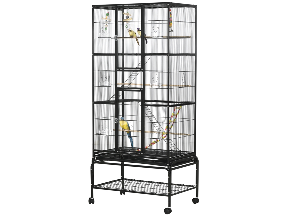 Gaiola para Pássaros 3 Níveis com Rodas S/MARCA 83x53x180 cm preta com poleiros comedouros brinquedos rampas prateleira
