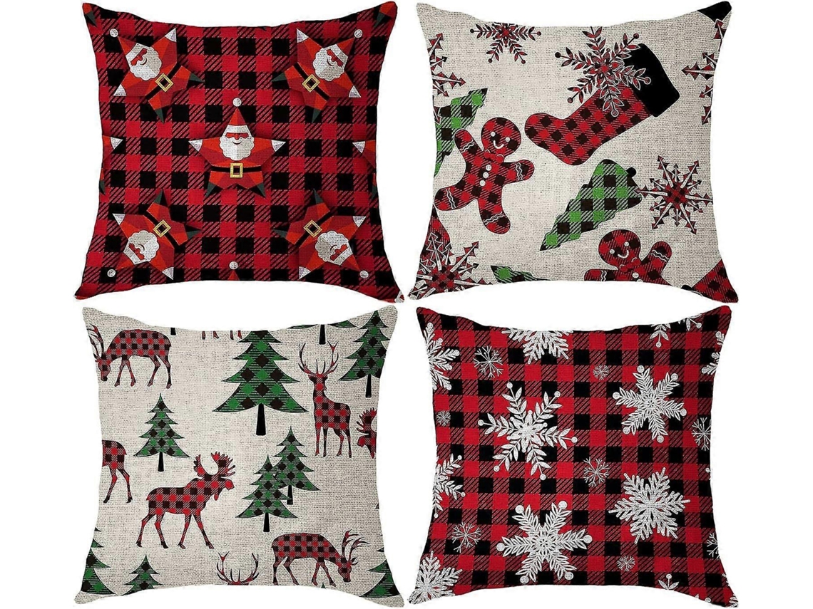 Conjunto De 4 Capas De Almofadas De Natal De 45 X 45 Cm, Com Veado, Floco De Neve, Homem Biscoito De Gengibre E Meia De Natal. Loja Olysi