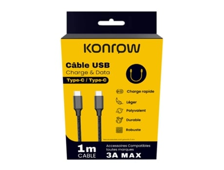 Kcatcnpdb1 Câble Usb Type C Vers Type C Emballage Original Konrow (1m, Nylon, Noir)