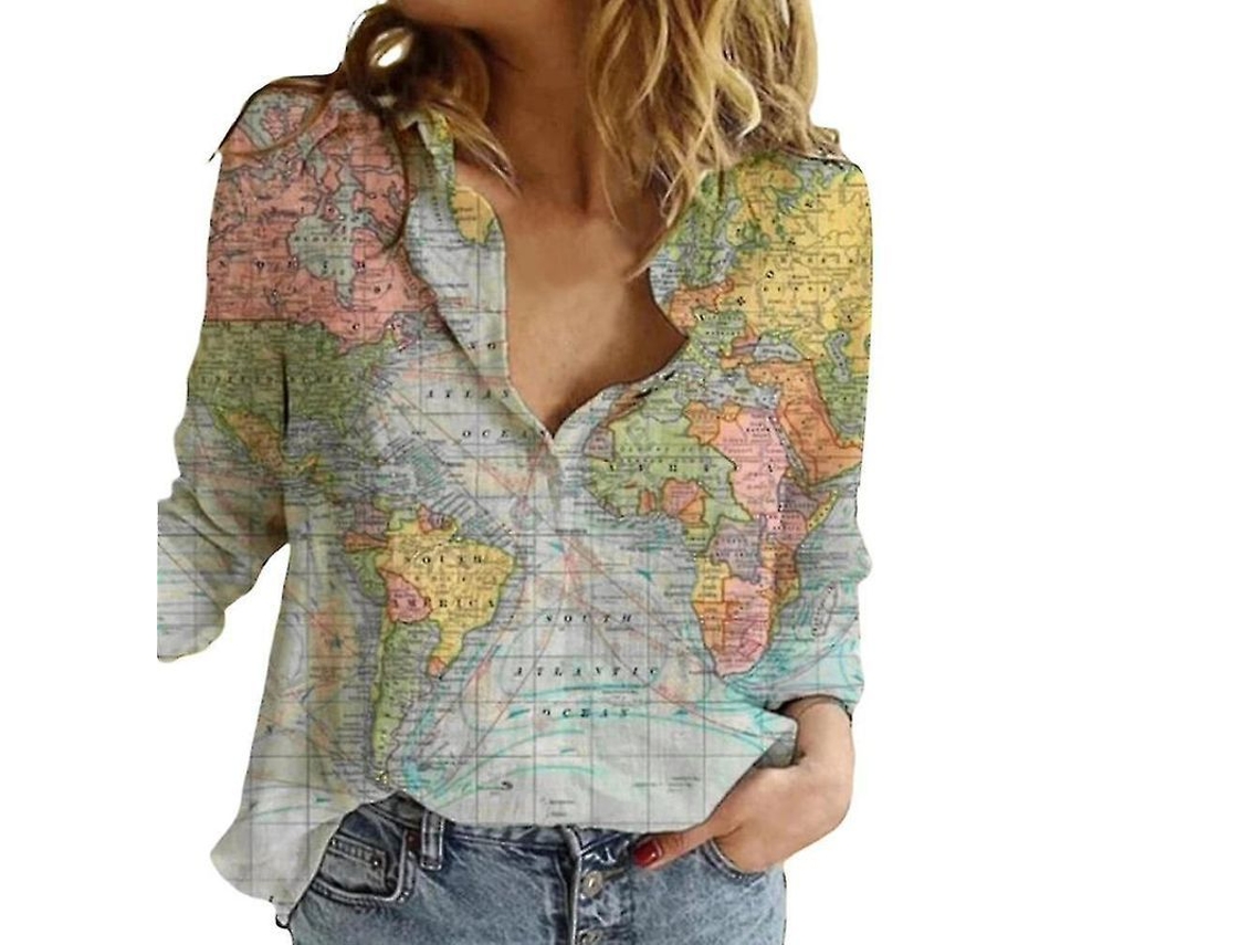 2026 blusa de Manga Longa para Mulher com Estampa de Mapa Mundial, Gola de Camisa, Casual, Verão, Algodão