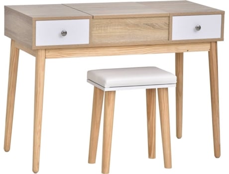 HOMCOM Penteadeira com espelho dobravel Gavetas e Banqueta 100x45x118 Cor Natural