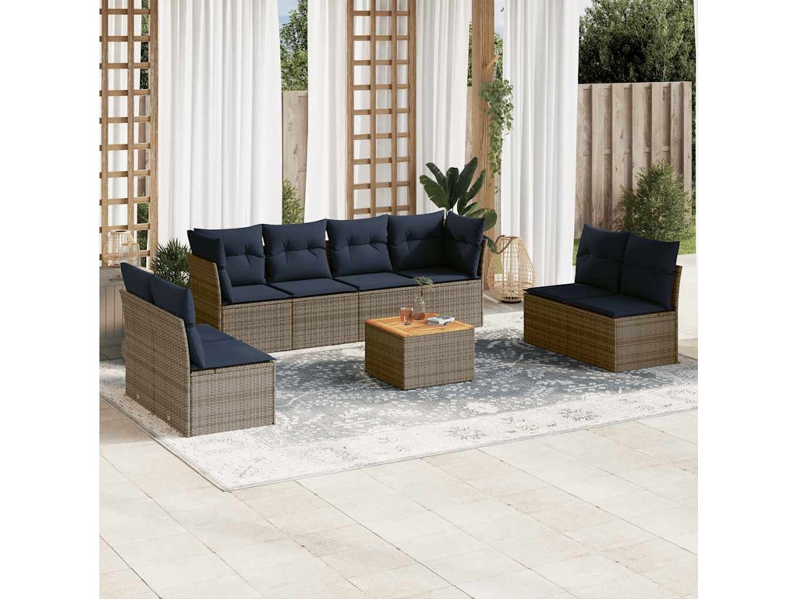 Vidaxl 9 Pcs Conjunto Sofás P/ Jardim C/ Almofadões Vime Pe Cinzento