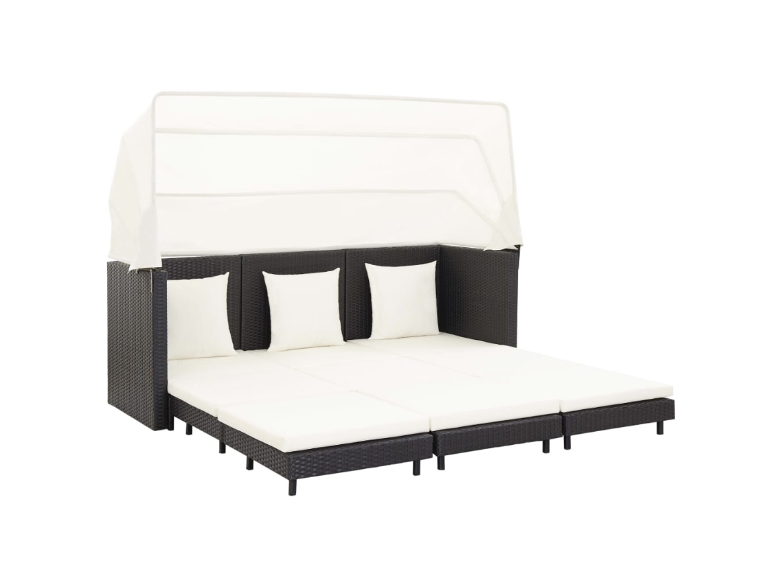 Vidaxl Espreguiçadeira Extensível 3 Lugares Com Toldo Vime Pe Preto