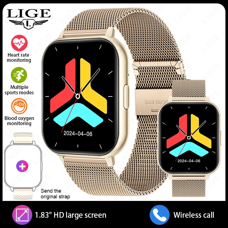Smartwatch MDUG com Chamadas Sem Fio, Tela de 1,83 Polegadas, Unissex (dourado, Pulseira de Malha)