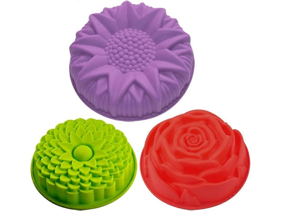 3 Moldes de Silicona para Pasteles em Forma de Flor: Girassol, Crisântemo e Rosa, Grandes, Reutilizáveis, Antiaderentes