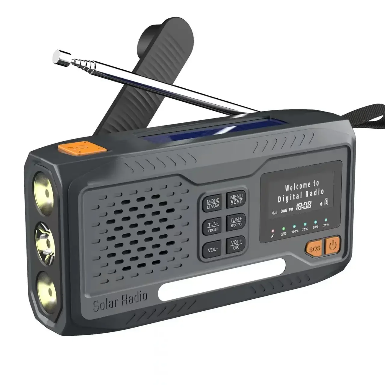 Rádio solar AQUAFORGE, AM/FM, Manivela, previsão do tempo, emergência, 2000mah