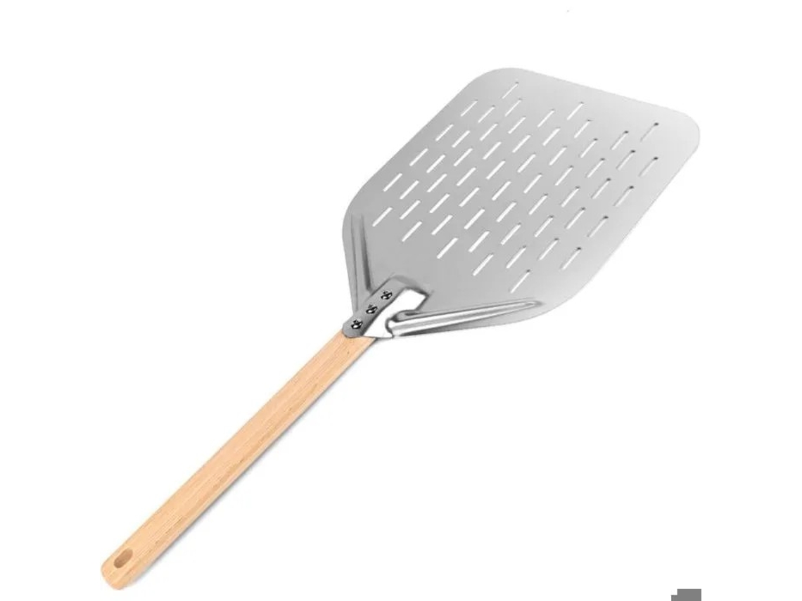 Casca de Pizza em Aço Inox Perfurado 12 Polegadas, 40x30cm, Cabo Longo, Cozimento Profissional