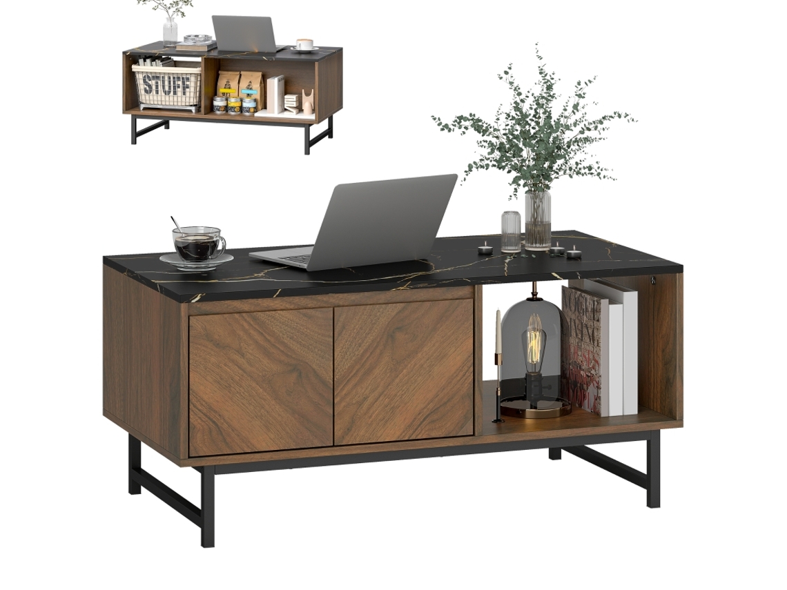 Mesa De Centro Com Efeito Mármore, 2 Portas E 2 Nichos, 100x50,8x45,7 Cm Em Nogueira Para Sala De Estar