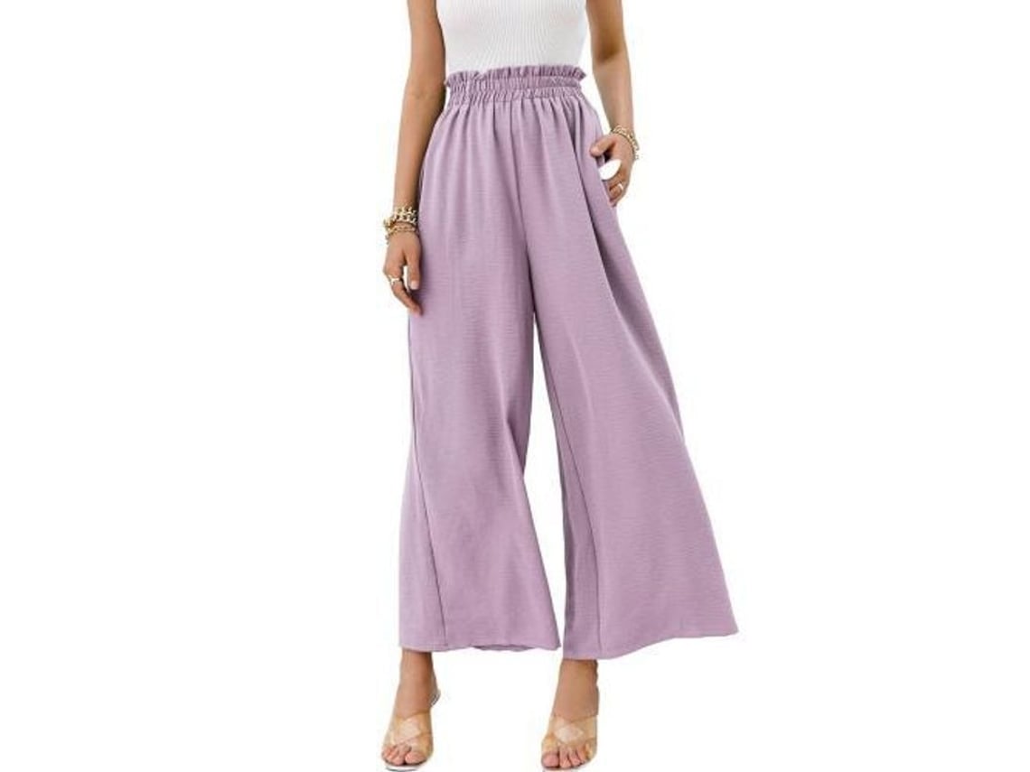 Calça Boho Feminina Rebe de Cintura Alta com Pernas Largas e Caimento Fluido, Tamanho P, Roxa