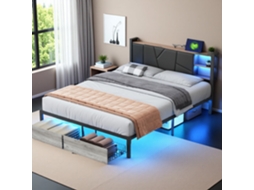 Cama de Madeira e Metal 160x200 Cm, Leds Multicoloridos, Cabeceira Estofada, Gavetas, Tomada Europeu, SIMURQ
