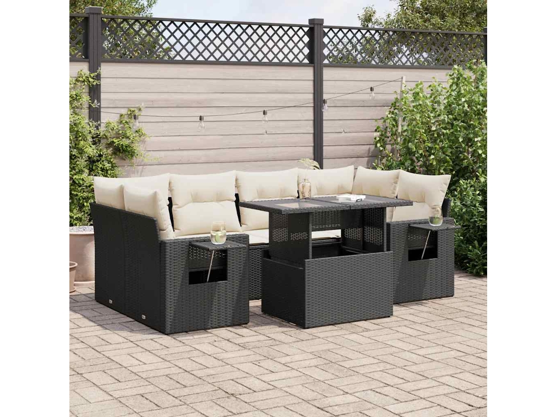Vidaxl 7 Pcs Conjunto De Sofás P/ Jardim C/ Almofadões Vime Pe Preto