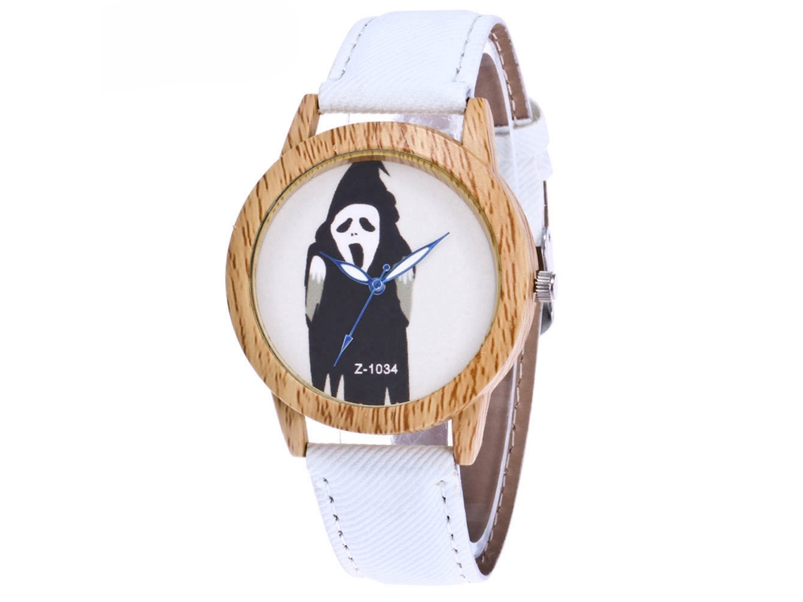 Relógio de quartzo Zhoulianfa Halloween em liga metálica com imitação de madeira (branco)