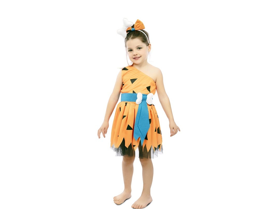 Fato de homem das cavernas laranja com cocar para menina
