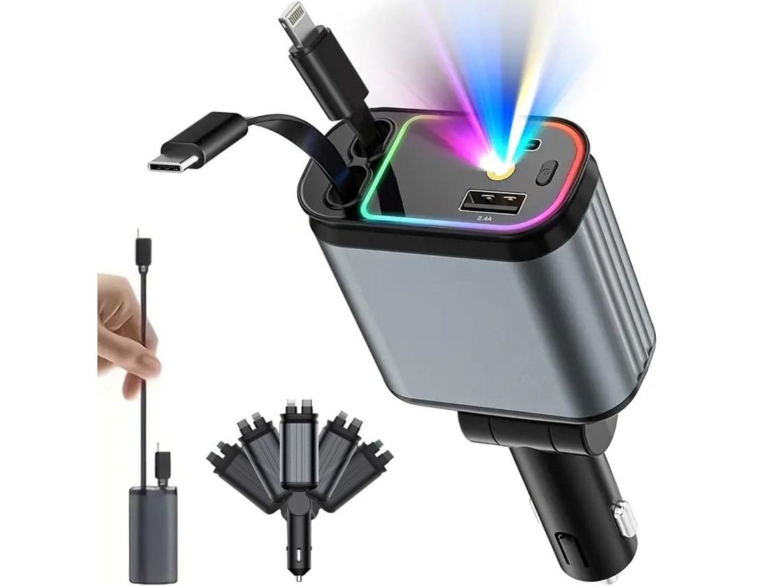 Carregador Retrátil 4 Em 1 Com Luz Estelar 66w Usb-c Ajustável 180°, Compatível Ios E Android, Carros, Caminhões E Trailers.