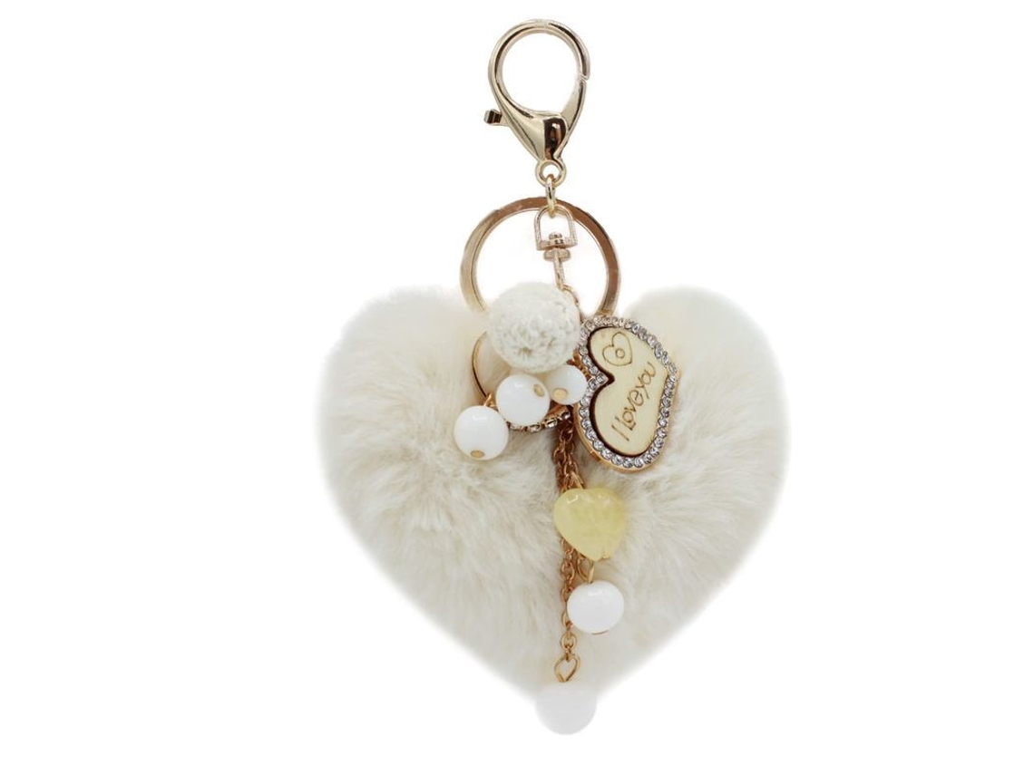 2026 llavero de Pom Pom Fluffy Corazón para Mujer Accesorio de Bolso Pelo Falso Plataforma Blanca