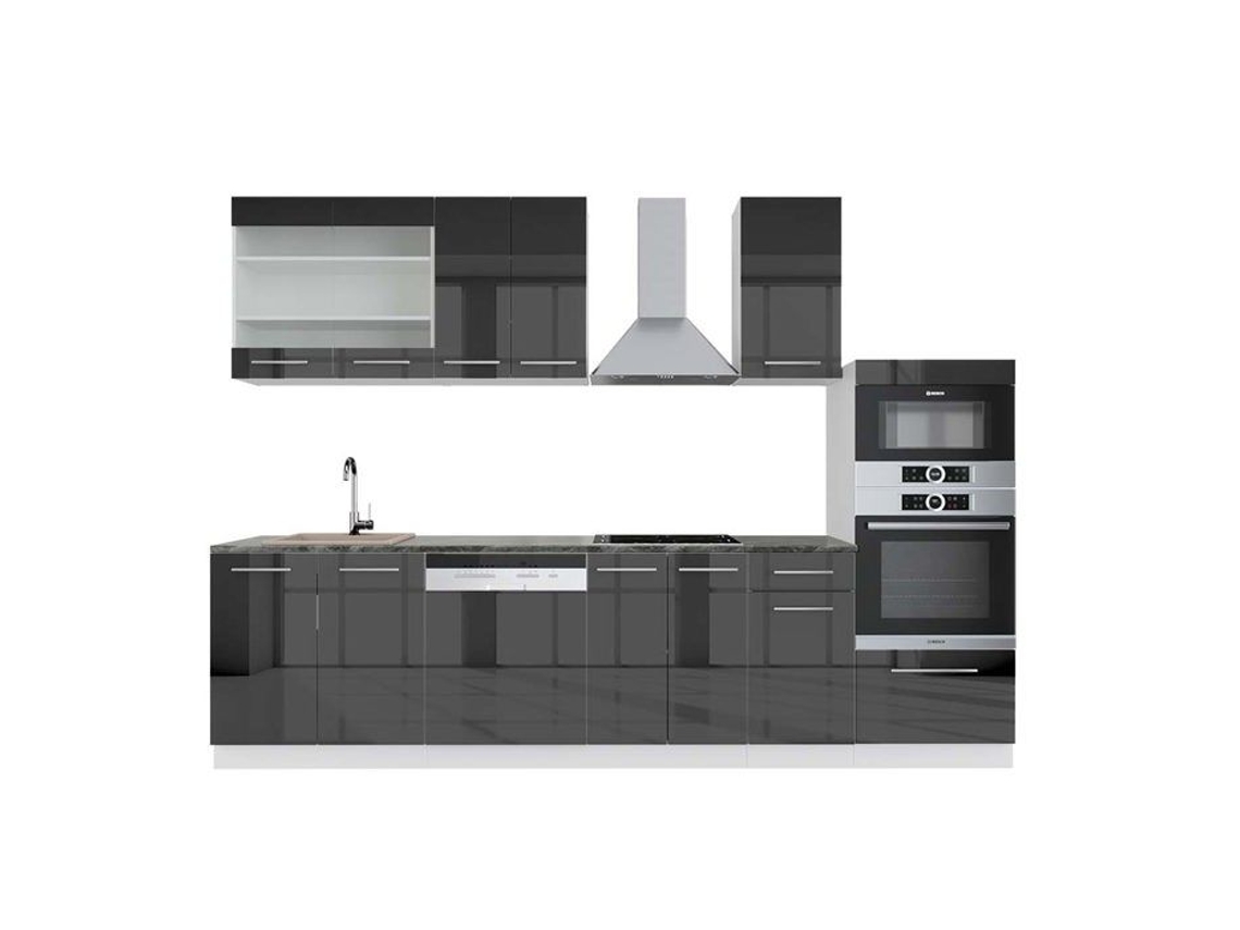 Cozinha Fame-Line, 300 cm com armário alto, PT Antracite, Antracite brilhante/branco, Vicco