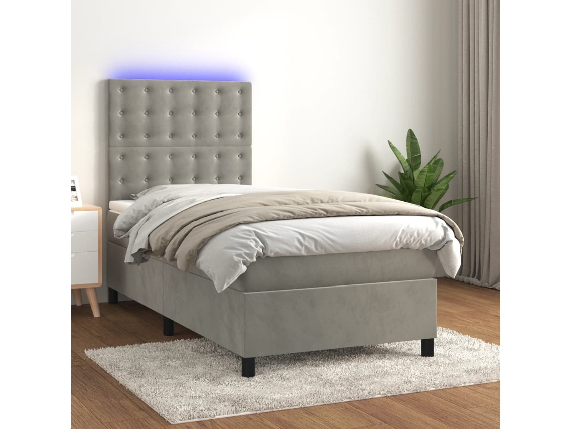 Cama Box Spring C/ Colchão/led 90x190 Cm Veludo Cinzento-claro