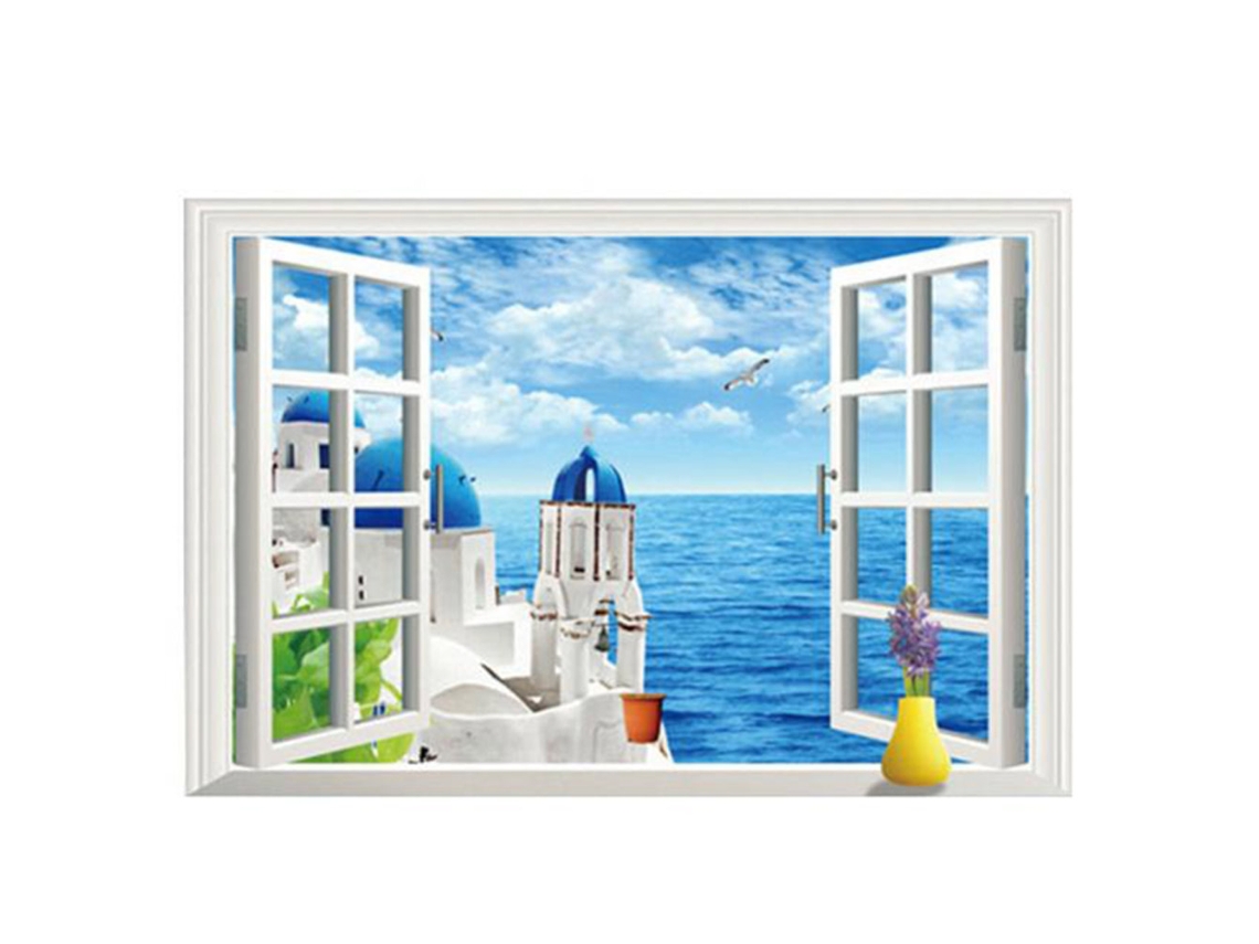 Adesivo Parede 3d Mar Egeu Janela Falsa Decoração