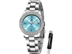 Lurelia Relógio Feminino, Movimento De Quartzo, Data/calendário, Luminoso, Detalhes Com Strass, Aço Inoxidável, Abs, Resistente À Água, Azul