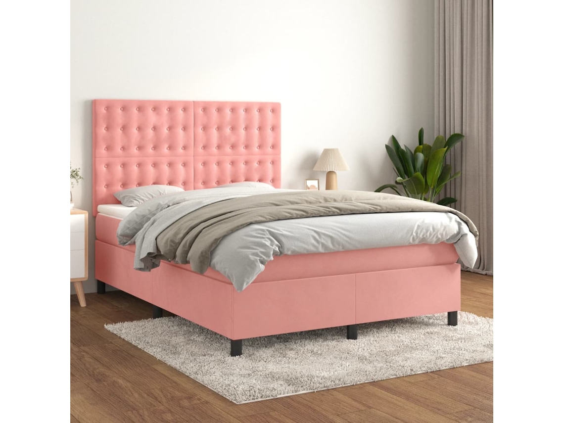Vidaxl Cama Com Molas/colchão 140x190 Cm Veludo Rosa