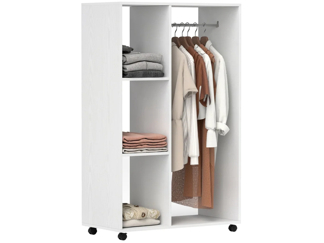 Guarda-roupa Sobre Rodas, Guarda-roupa Móvel, Guarda-roupa, Cabide De Roupas Enrolável, 80 X 40 X 128 Cm, Branco-pt