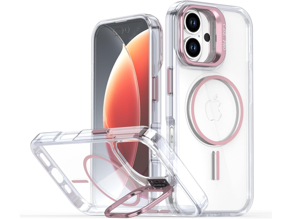 Capa Transparente Brilhante Para Iphone 16 Plus Com Suporte Magnético Para Lente E Lente De Tpu Resistente A Impactos - Rosa.