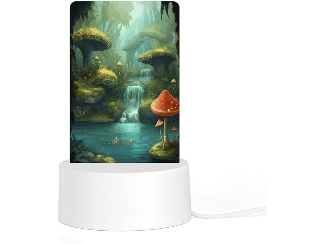 Luminária De Mesa Led Acrílica Plug And Play Com Base Plástico, Estampa De Cogumelos E Vista Um Rio, Iluminação