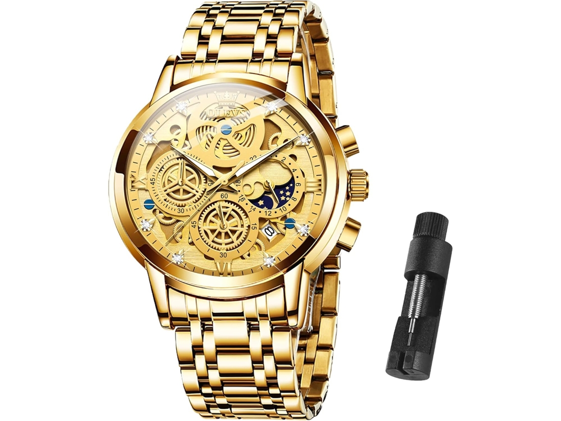 Lurelia Relógio Cronógrafo Masculino, Data/calendário, Luminoso, Detalhes Com Strass, 42 Mm, 12 Mm, 8,2 Polegadas, Aço Inoxidável, Vidro Mineral
