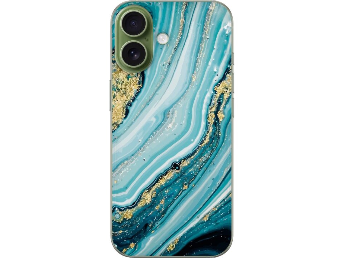 Capa Para Celular Compatível Com Apple Iphone 17. Estampa Abstrata Marmorizada Em Tons De Turquesa, Branco E Dourado Com Efeito De Glitter Líquido.