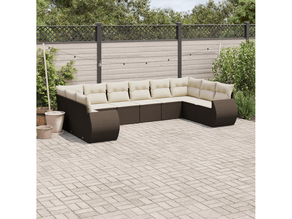 Vidaxl 10 Pcs Conj. Sofás Jardim Com Almofadões Vime Pe Castanho