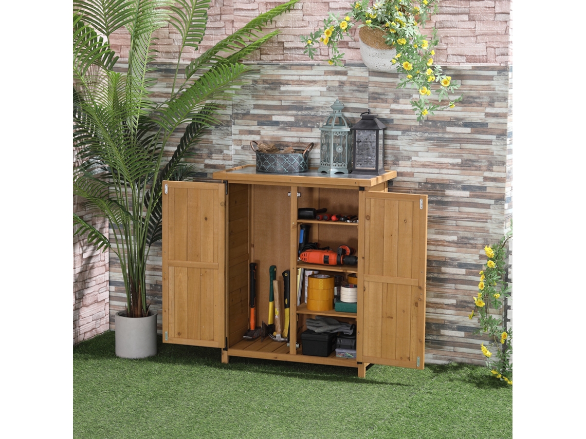 Armário Ferramentas Jardim Madeira 75x40x90cm 2 Portas 4 Prateleiras Tampo Chapa Metálica