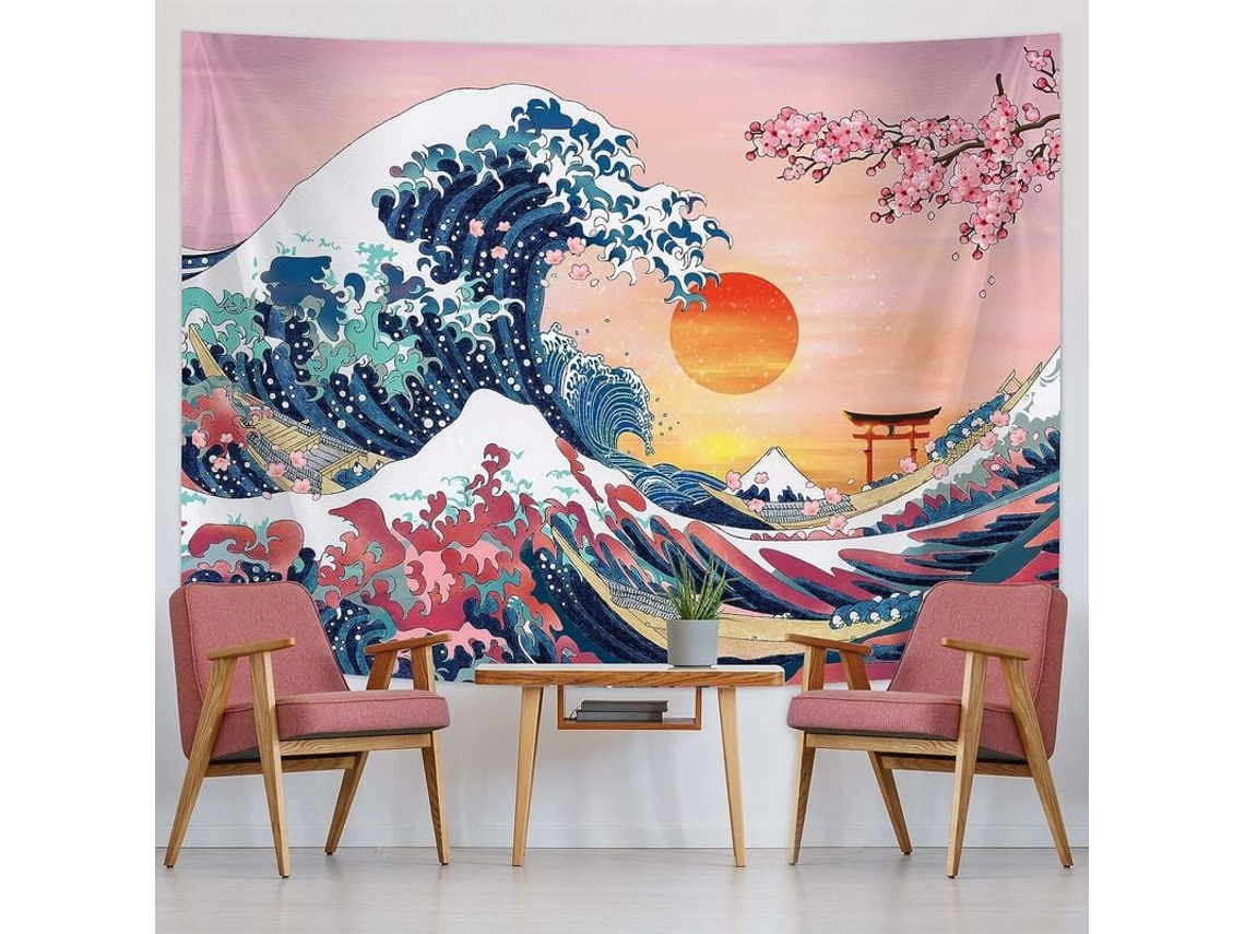 Parede De Tapeçaria Pendurada Na Sala De Estar Do Quarto, Parede De Estilo Japonês Pendurado Com Ondas Oceânicas E Design Artístico Do Pôr Do Sol Em C