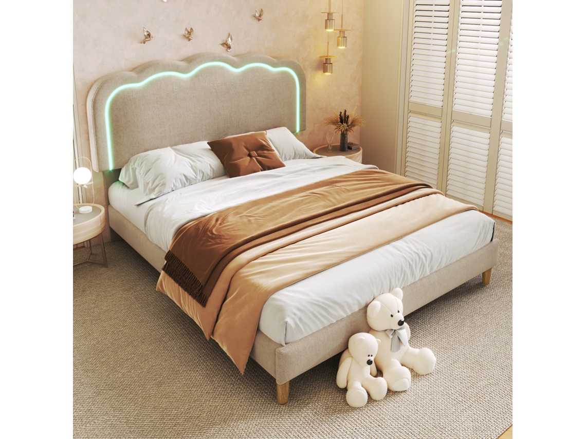 Cama Casal Bege 140x200cm Estofada, Led, Cabeceira Ajustável, Linho.-op