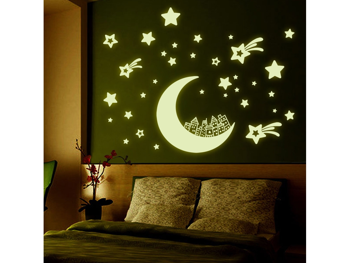 Lurelia Decalque Mural Folhas Estrela Lua Pvc Autoadesivo Impermeável Removível 1 Folha 21x30 Cm Quarto Sala Escritório