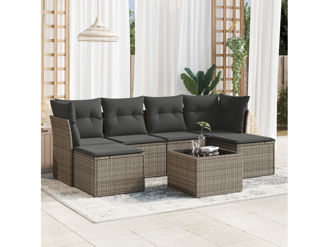7 Pcs Conjunto Sofás P/ Jardim C/ Almofadões Vime Pe Cinza Dkd Home Decor