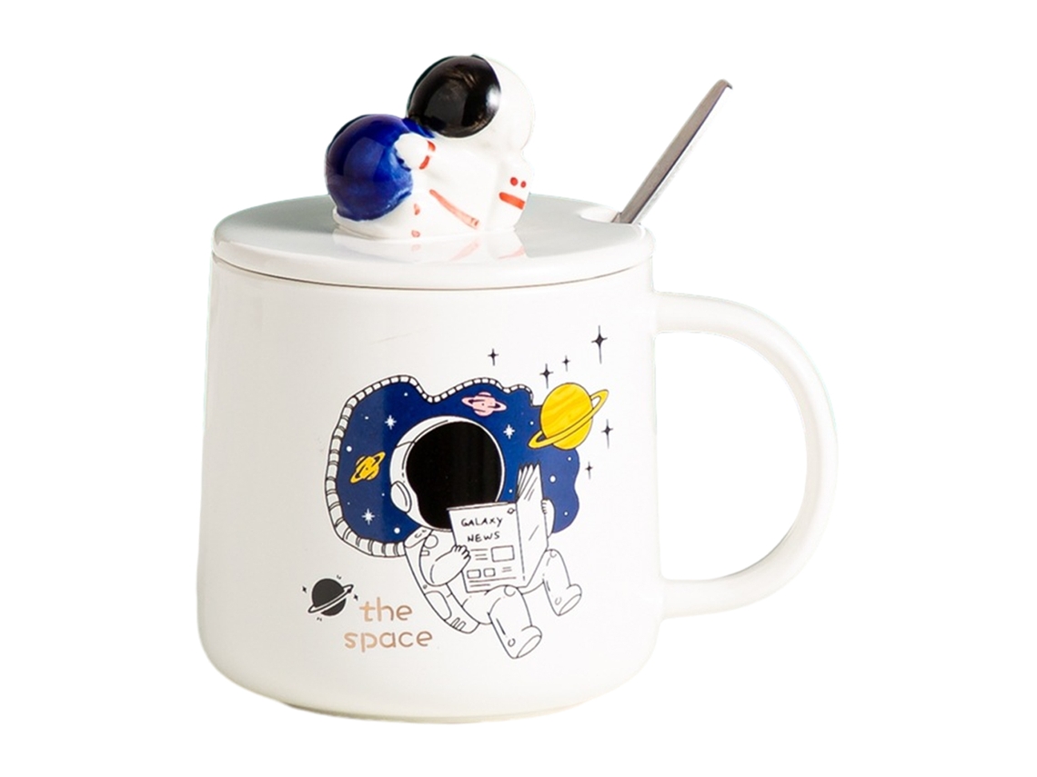 Caneca Criativa de 350Ml Caneca de Astronauta com Tampa e Colher Caneca de Leite para Estudantes NEVEANCE